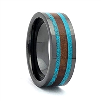 STEEL REVOLTâ„¢ Comfort Fit High-Tech Ceramic Wedding Ring with Turquoise and Genuine Jack Daniels Whiskey Barrel Wood Inlay