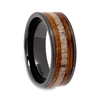 STEEL REVOLTâ„¢ Comfort Fit Black High-Tech Ceramic Wedding Ring with Antler and Genuine Jack Daniels Whiskey Barrel Wood Inlay