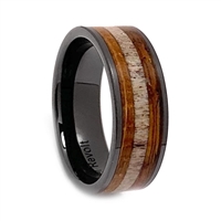 STEEL REVOLTâ„¢ Comfort Fit Black High-Tech Ceramic Wedding Ring with Antler and Genuine Jack Daniels Whiskey Barrel Wood Inlay