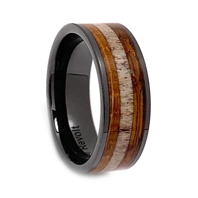 STEEL REVOLTâ„¢ Comfort Fit Black High-Tech Ceramic Wedding Ring with Antler and Genuine Jack Daniels Whiskey Barrel Wood Inlay