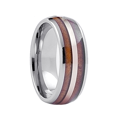 STEEL REVOLTâ„¢ Comfort Fit Domed Tungsten Carbide Wedding Ring with Gold Color Accent and Wood from Genuine Jack Daniels Whiskey Barrel