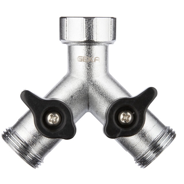 GEKA two-way valved splittter with 3/4-inch GHT and male 3/4-inch GHT connects - 46.2432.9