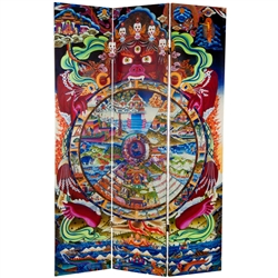 6 ft. Tall The Wheel of Life Double Sided Canvas Folding Screen