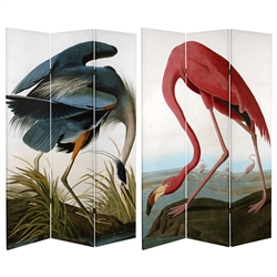 6 ft. Tall Double Sided Audubon Heron & Flamingo Canvas Room Divider Screen