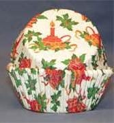 BC-50-50 Red Bells, Candle, Grn. Holly, Christmas Design on White Standard Baking Cup 50 ct.