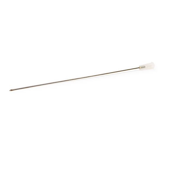 5-inch sharp cannula aspirating needle used to draw liquid for reconstruction or to pre-fill syringes prior to administration. Stainless steel needs allow for the withdrawal of fluids from all mini vials and deep containers.