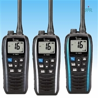 Icom M25 5W floating marine VHF handheld with USB connector for charge battery.