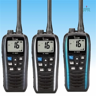 Icom M25 5W floating marine VHF handheld with USB connector for charge battery.