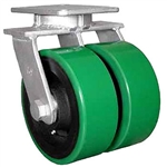 Super Duty Dual Wheel Kingpinless Swivel Caster with a (2)-10" x 4" Polyurethane on cast iron wheel