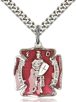 St Florian Red Enamel Sterling Silver Medal on 24" Chain