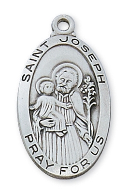 Sterling Silver 1 1/8" Oval St. Joseph Medal on  a  24" Chain