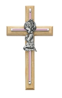 Baptism Girl 7" Wall Cros:  Baby Girl on Light Oak Cross
