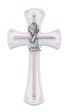 Baptism Baby 7" Wall Cross:  Baby Girl on White Wood Cross