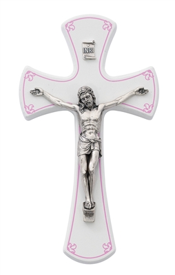 White and Pink Wood Baptism Crucifix 7"