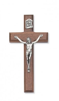 8" BEVELED WALNUT SILVER CRUCIFIX