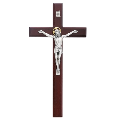12" CHERRY BEVELED CRUCIFIX WITH SILVER CORPUS