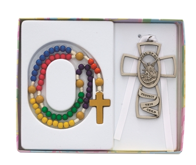 Multi-Colored Baby Rosary & Guardian Angel Crib Cross