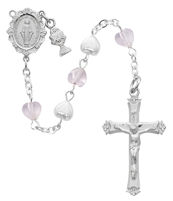 Pewter 5MM Pink and White Heart First Communion Rosary