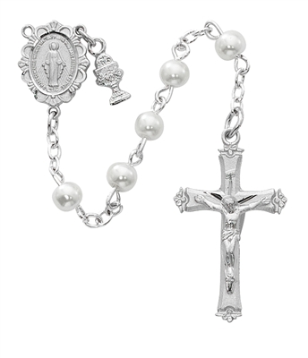 Pewter 5MM Pink and White Heart First Communion Rosary