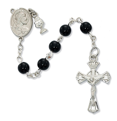 First Communion 6 MM BBlack Glass Rosary with Sacred Heart