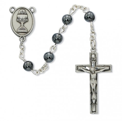 First Communion Rosary 6mm Hematite with Chalice Center