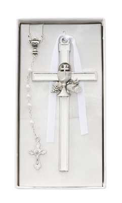 5" White Enamel First Communion Cross/Rosary