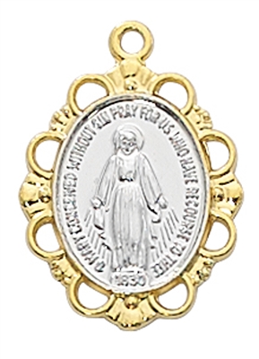 Gold Over Sterling Two-Tone Miraculous medal with 18 in. gold plated brass chain.