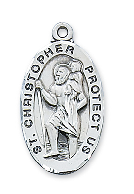 St Christopher Sterling Silver Oval Medal on 24" Chain