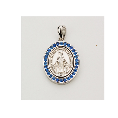 Miraculous Medal Sterling Silver with Blue Stone