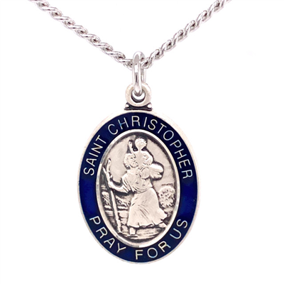 St Christopher Sterling Silver Blue Medal on 24" Chain