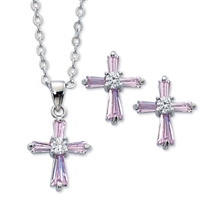 Pink Crystal Cross Earrings and Pendant
