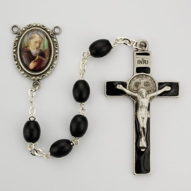 Saint Benedict Rosary with black wood beads with an image of St. Benedict for a rosary center and black enameled crucifix. Gift boxed.