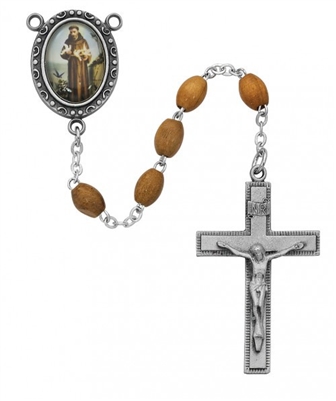 Saint Francis Olive Wood rosary beads, an image of St. Francis for a rosary center and a pewter crucifix. Gift boxed.