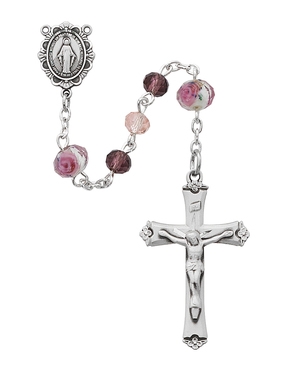 6MM Pink and Purple Tin Cut Glass Sterling Silver Rosary