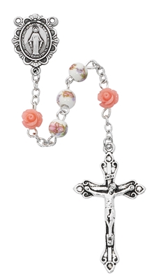 First Communion Pink Flower Ceramic Bead and White Flower Rosary
