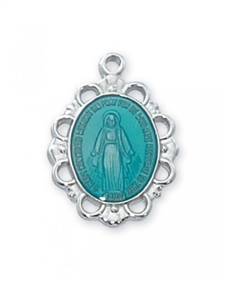 Miraculous Medal Rhodium Blue Enamel 18" Chain