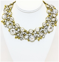 Yellow Gold Plated Necklace With Clear Stones, Statement Gold Necklace With Crystals, Fashion Necklace