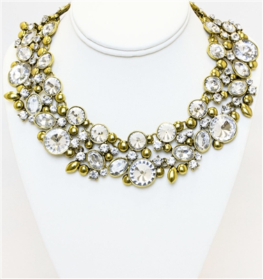 Yellow Gold Plated Necklace With Clear Stones, Statement Gold Necklace With Crystals, Fashion Necklace