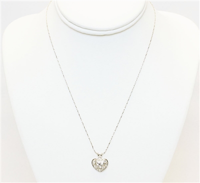 Silver Heart Pendant With Stones Necklace, 14K White Gold Plated Necklace With Heart Pendant, Bridal Jewelry