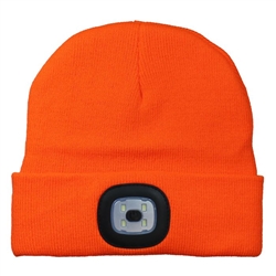 BRIGHT ORANGE BEANIE WITH RECHARGEABLE HEADLIGHT