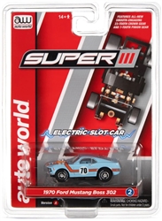 AUTO WORLD USTBLUE... SUPER III 1970 FORD BOSS MUSTANG - BLUE HO SLOT CAR