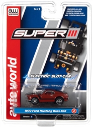AUTO WORLD USTMAROO... SUPER III 1970 FORD BOSS MUSTANG - MAROON HO SLOT CAR