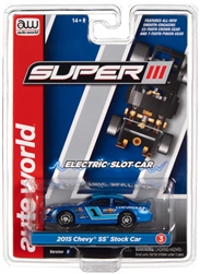 AUTO WORLD CKCARBLU... SUPER III 2015 CHEVY SS STOCK CAR - BLUE HO SLOT CAR