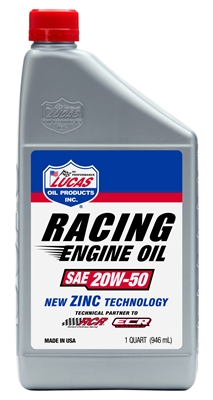 Lucas Oil Racing Only SAE 20W-50. New Zinc technology. Sold as 1 quart or case of 6.