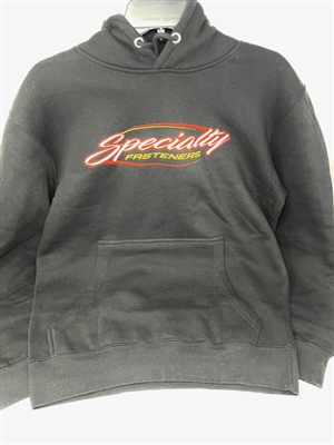 Specialty Fasteners black pullover logo hoodie.