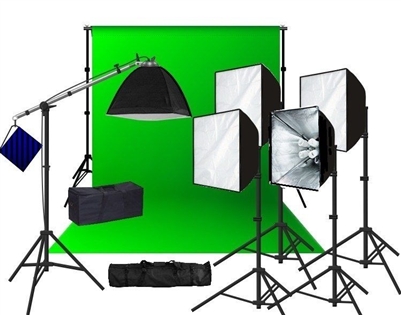 Pro 5-Head 4000 W Continuous Light Softbox Fluorecent Boom Stand Backdrop Kit