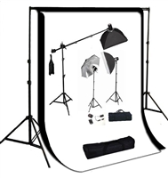 PHOTO 3-HEAD FLASH STROBE LIGHTING BOOM STAND SOFTBOX 10'x12' BACKDROP KIT