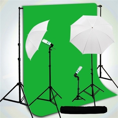 3-LIGHT PHOTO UMBRELLA LIGHT Chromakey Green BACKDROP STAND KIT