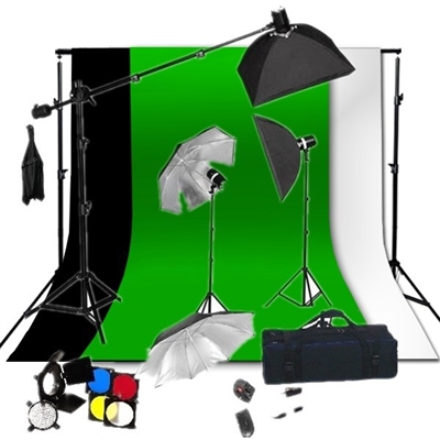 PHOTO 3-HEAD FLASH STROBE LIGHTING BOOM STAND SOFTBOX HAIR LIHGT KIT