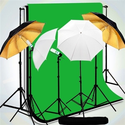 4-Head Black/Gold Reflective Umbrella Video Light Muslin Backdrops stand Kit